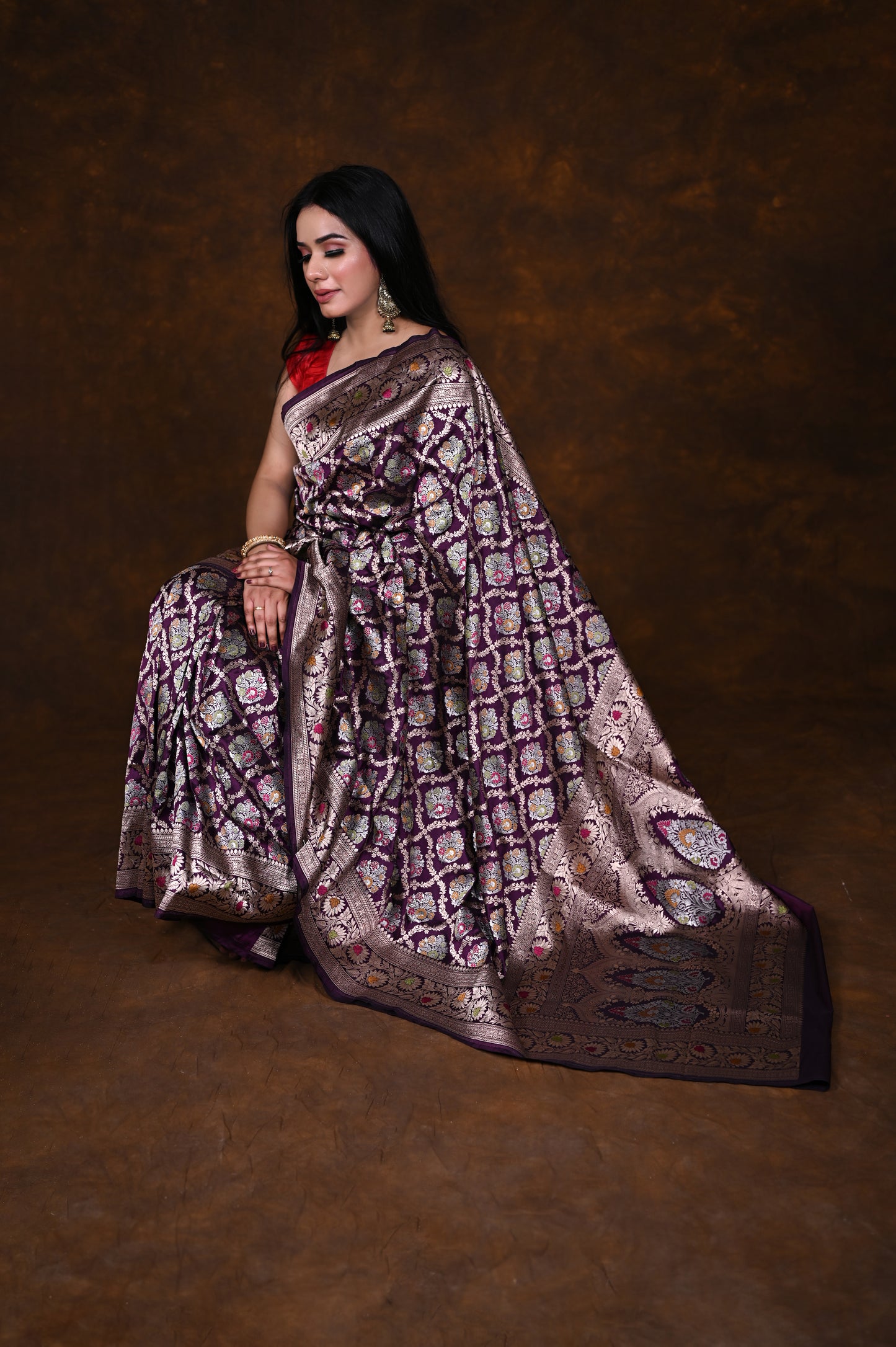 Purple Handwoven Pure Katan Meenakari Banarasi Saree