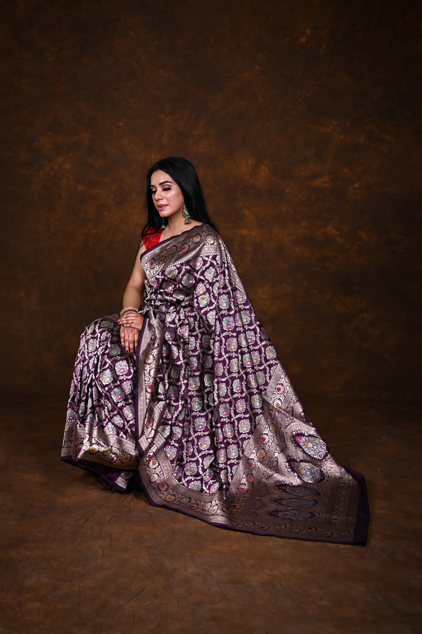 Purple Handwoven Pure Katan Meenakari Banarasi Saree