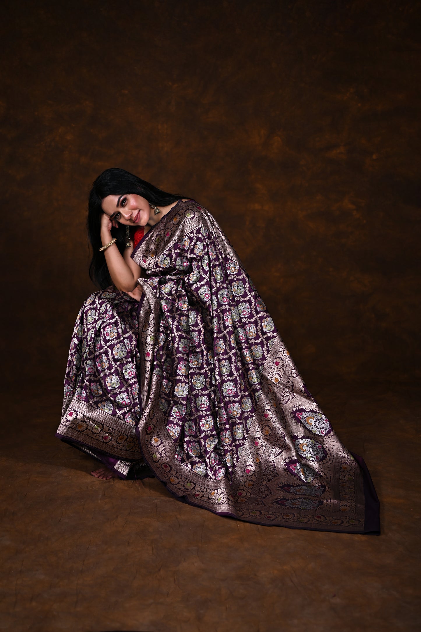 Purple Handwoven Pure Katan Meenakari Banarasi Saree