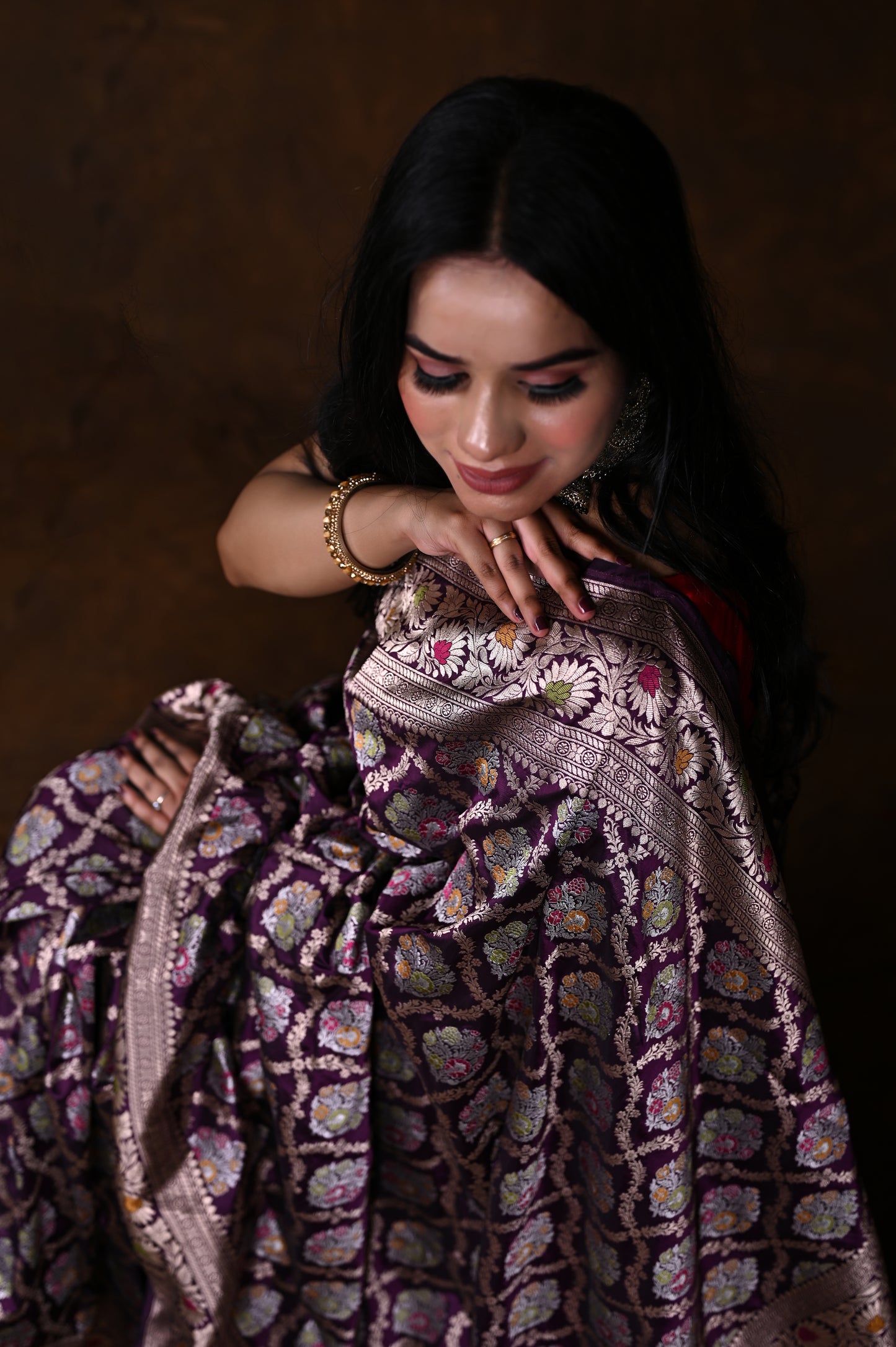 Purple Handwoven Pure Katan Meenakari Banarasi Saree