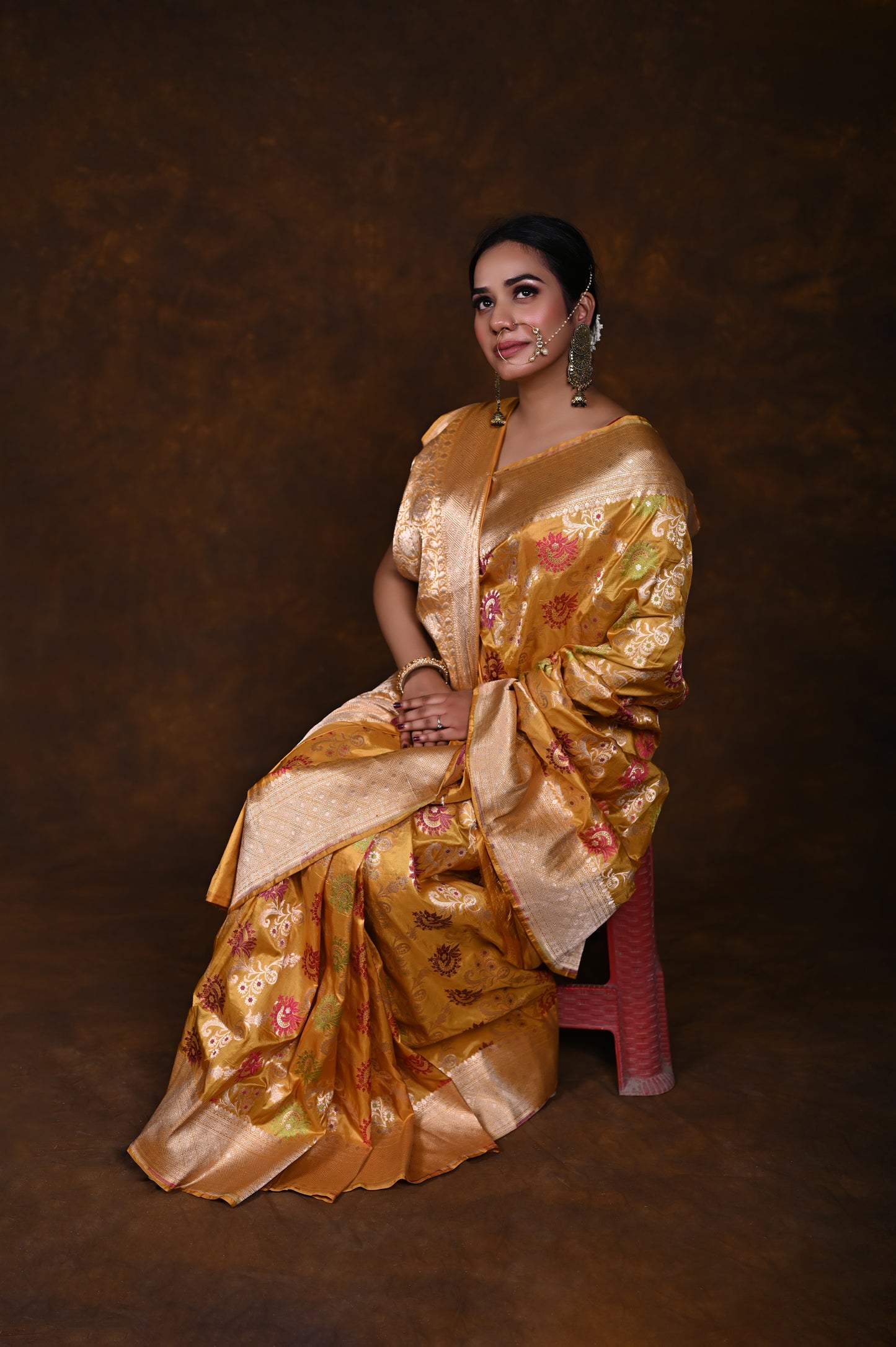Musturd Handwoven Pure Katan Meenakari Banarasi Saree