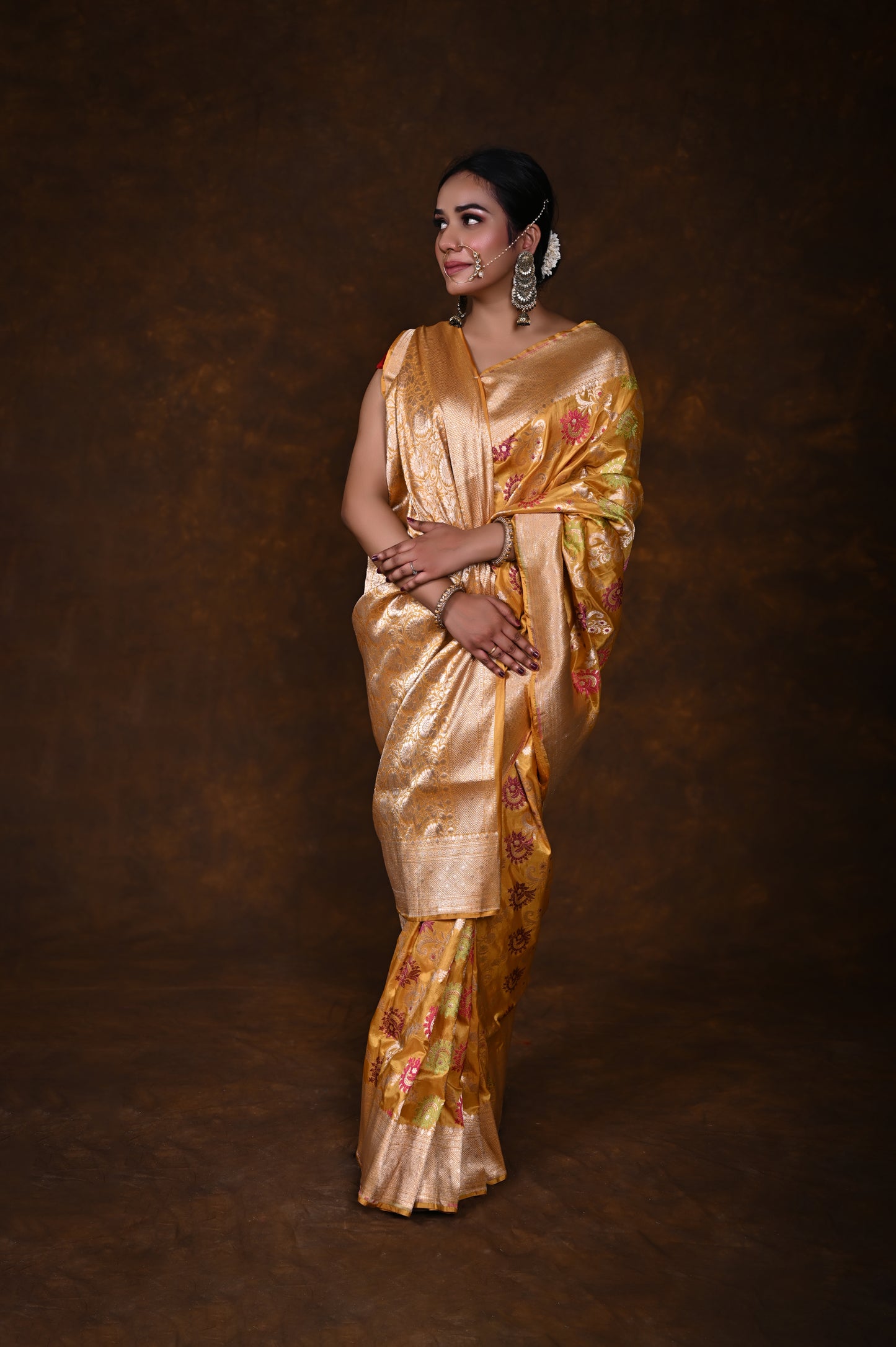 Musturd Handwoven Pure Katan Meenakari Banarasi Saree