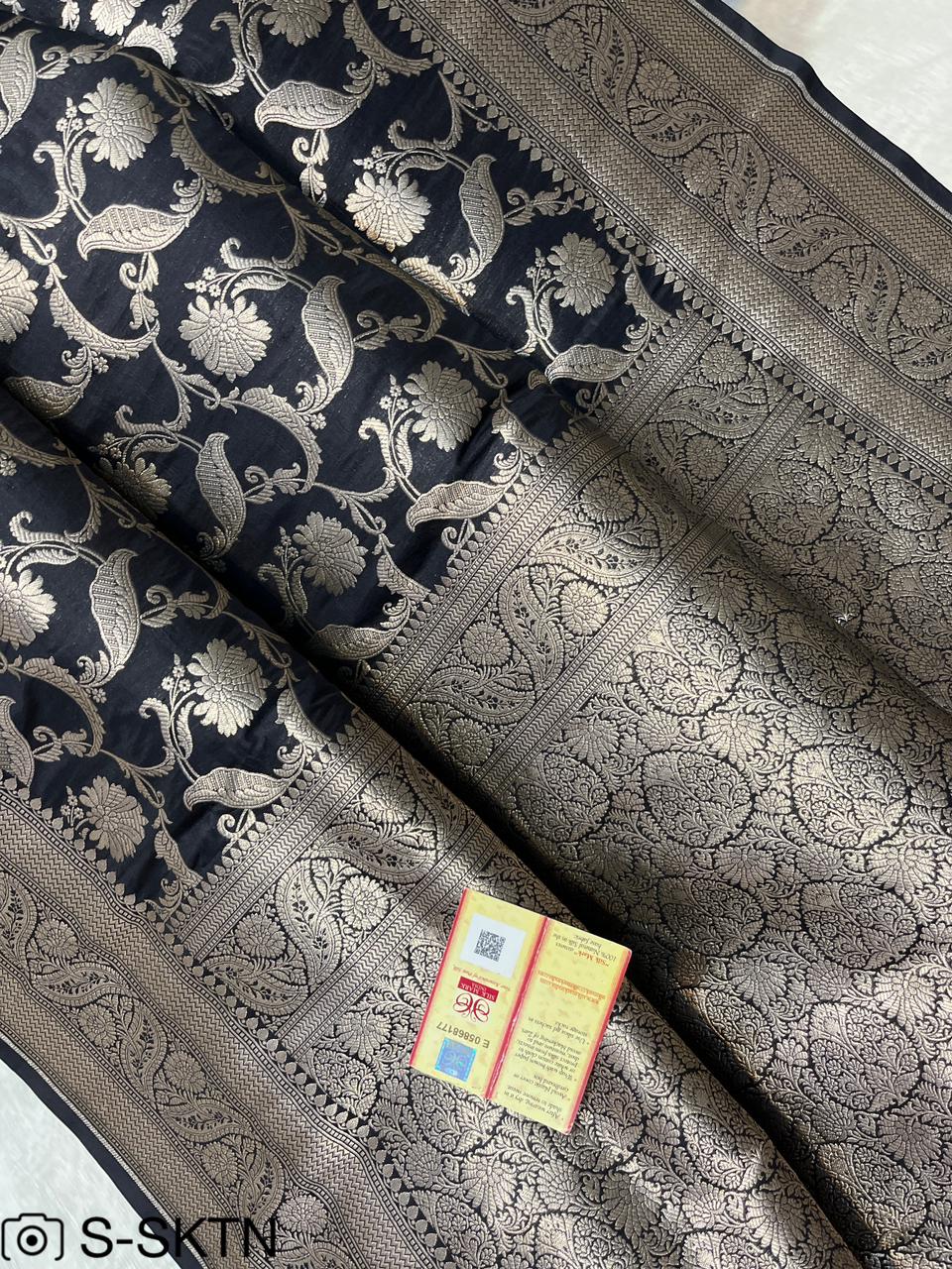Pure Handloom Katan Cutwork Black Banarasi Saree