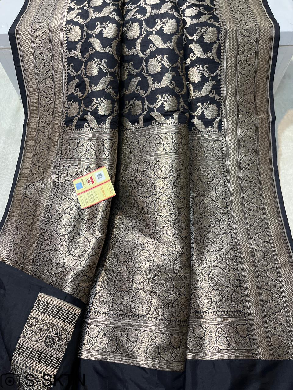 Pure Handloom Katan Cutwork Black Banarasi Saree