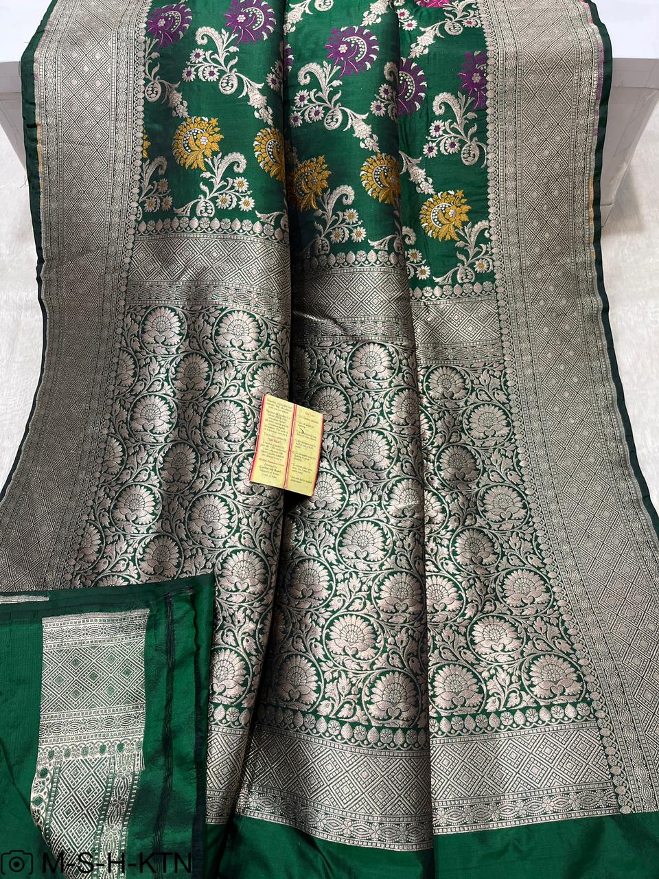 Green Handwoven Pure Katan Meenakari Banarasi Saree