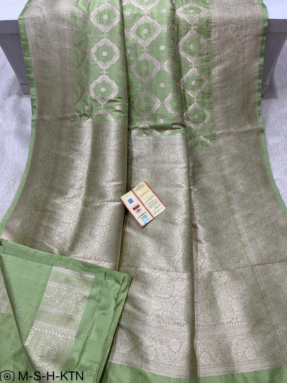 Pista Green Pure Handwoven Katan Cutwork Banarasi Saree