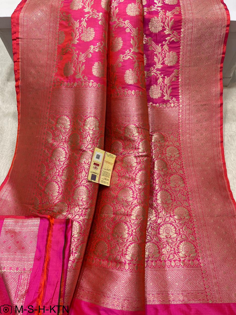 Gulabi Pink Pure Handwoven Katan Cutwork Banarasi Saree