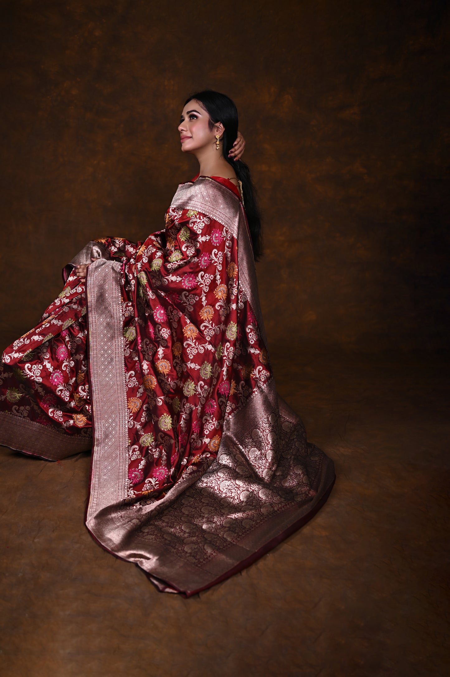 Maroon Handwoven Pure Katan Meenakari Banarasi Saree