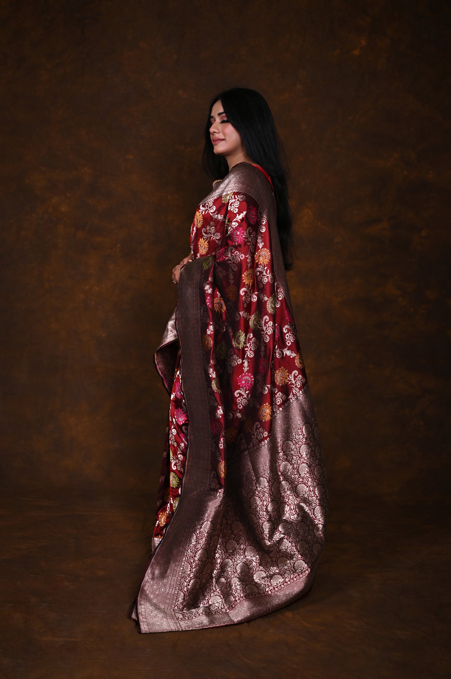 Maroon Handwoven Pure Katan Meenakari Banarasi Saree