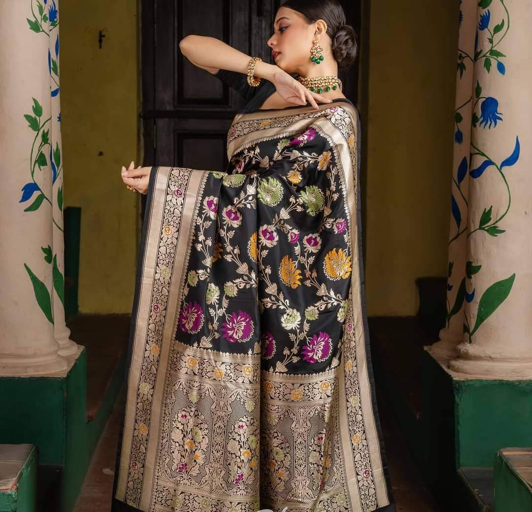 Black Handwoven Pure Katan Multi Meenakari Banarasi Saree