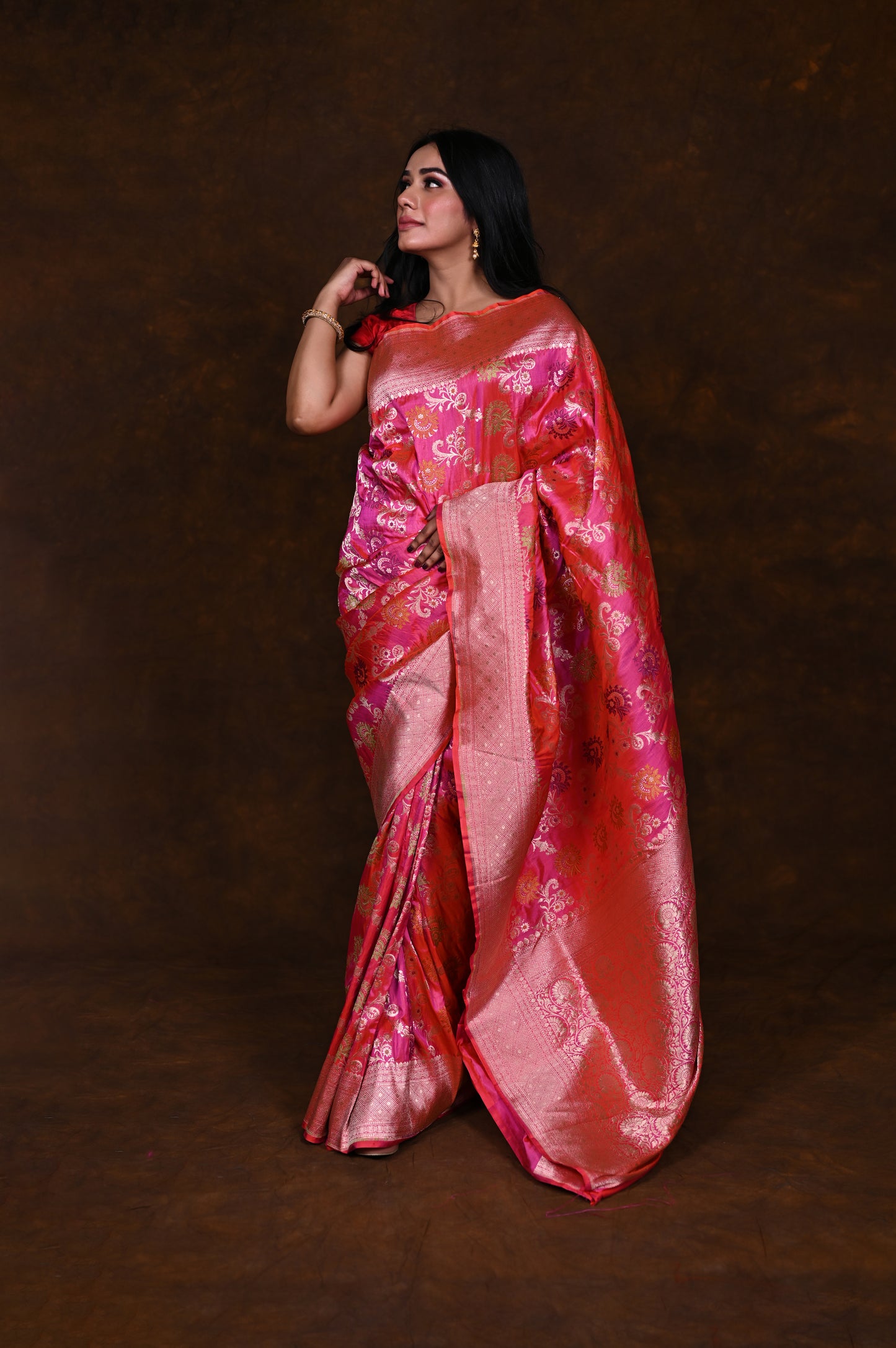 Shaded Pink Handwoven Pure Katan Meenakari Banarasi Saree