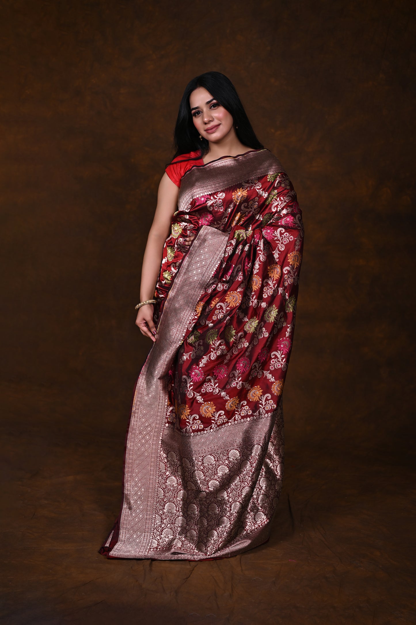 Maroon Handwoven Pure Katan Meenakari Banarasi Saree