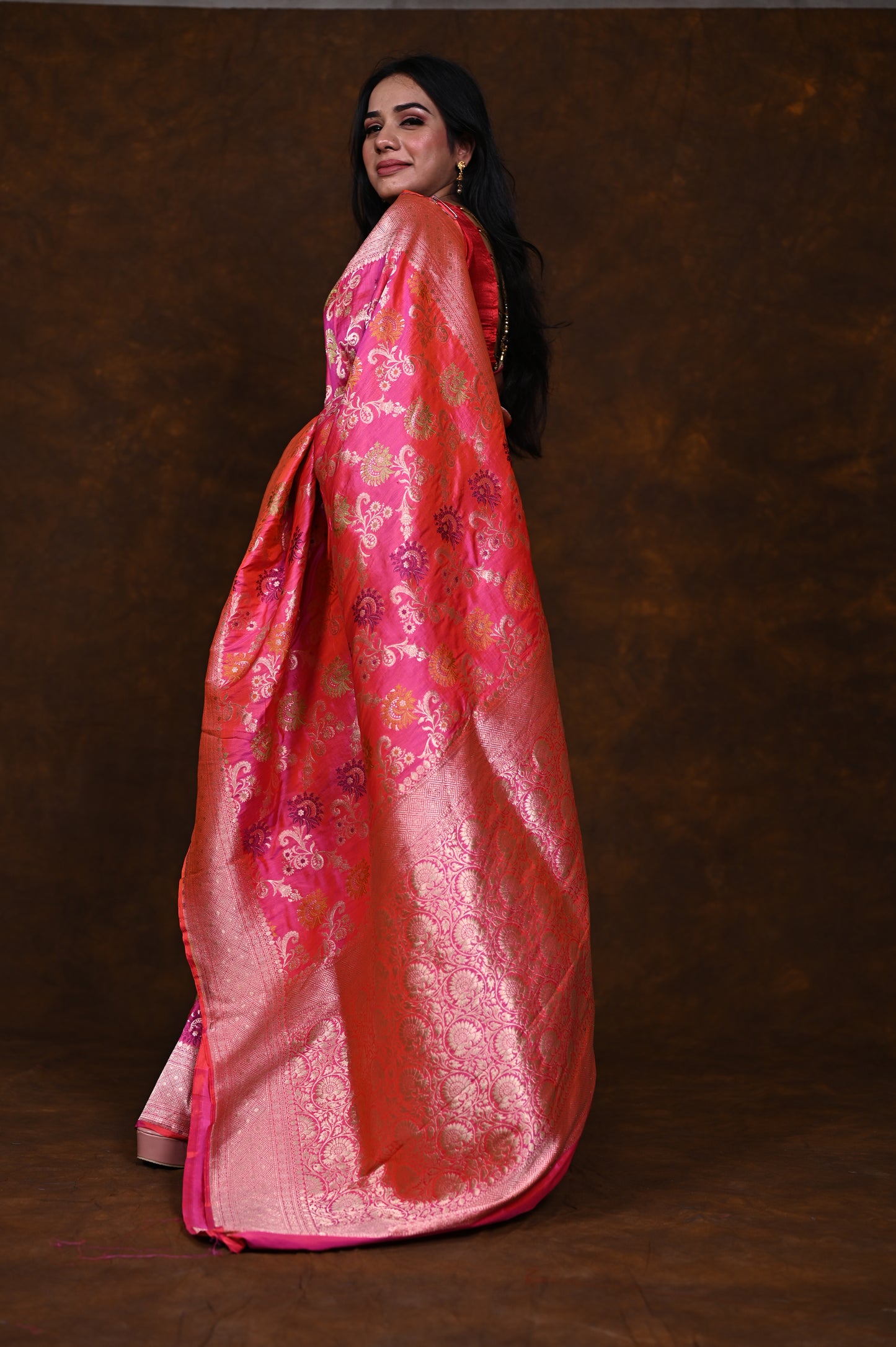 Shaded Pink Handwoven Pure Katan Meenakari Banarasi Saree
