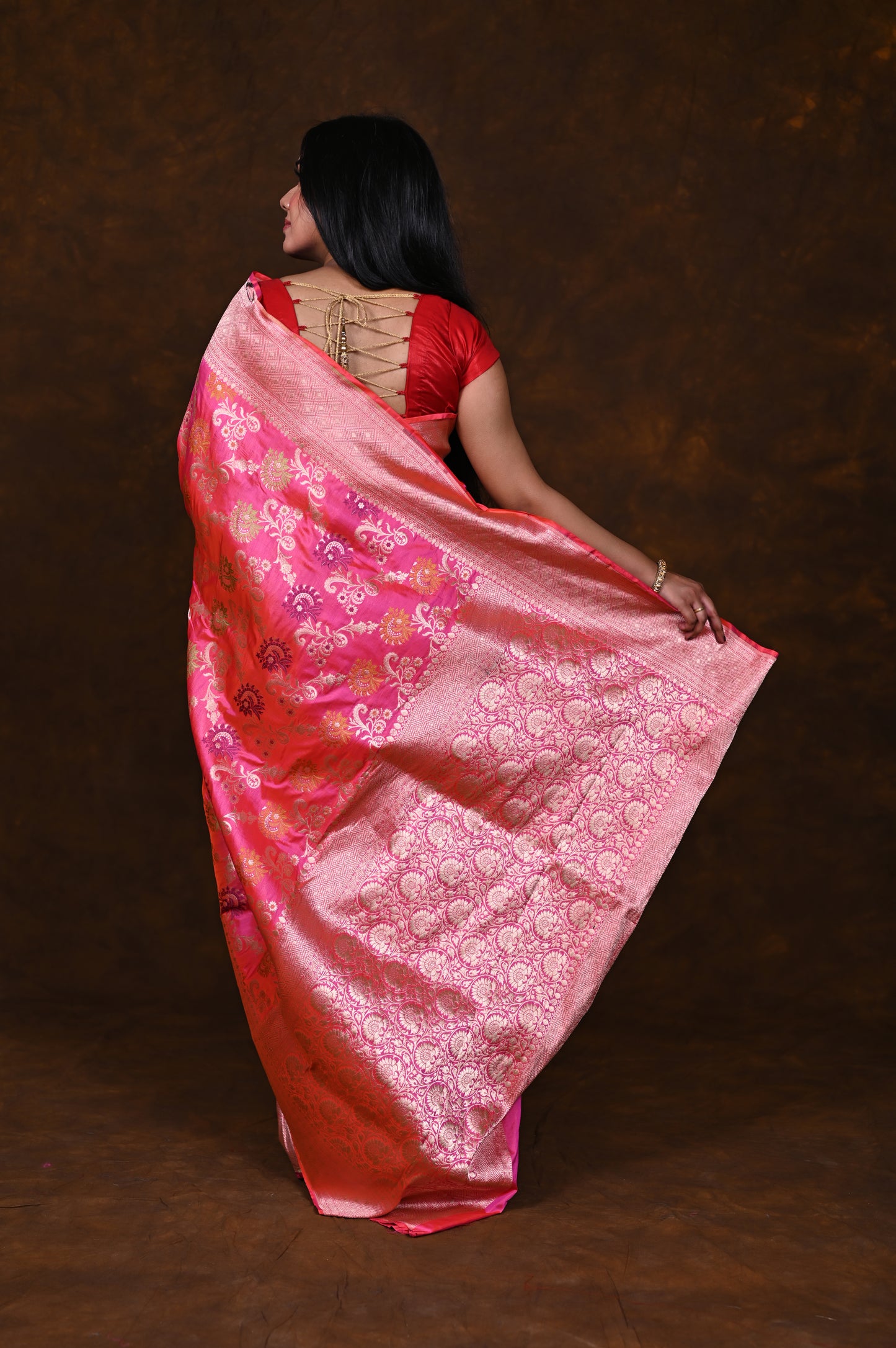 Shaded Pink Handwoven Pure Katan Meenakari Banarasi Saree