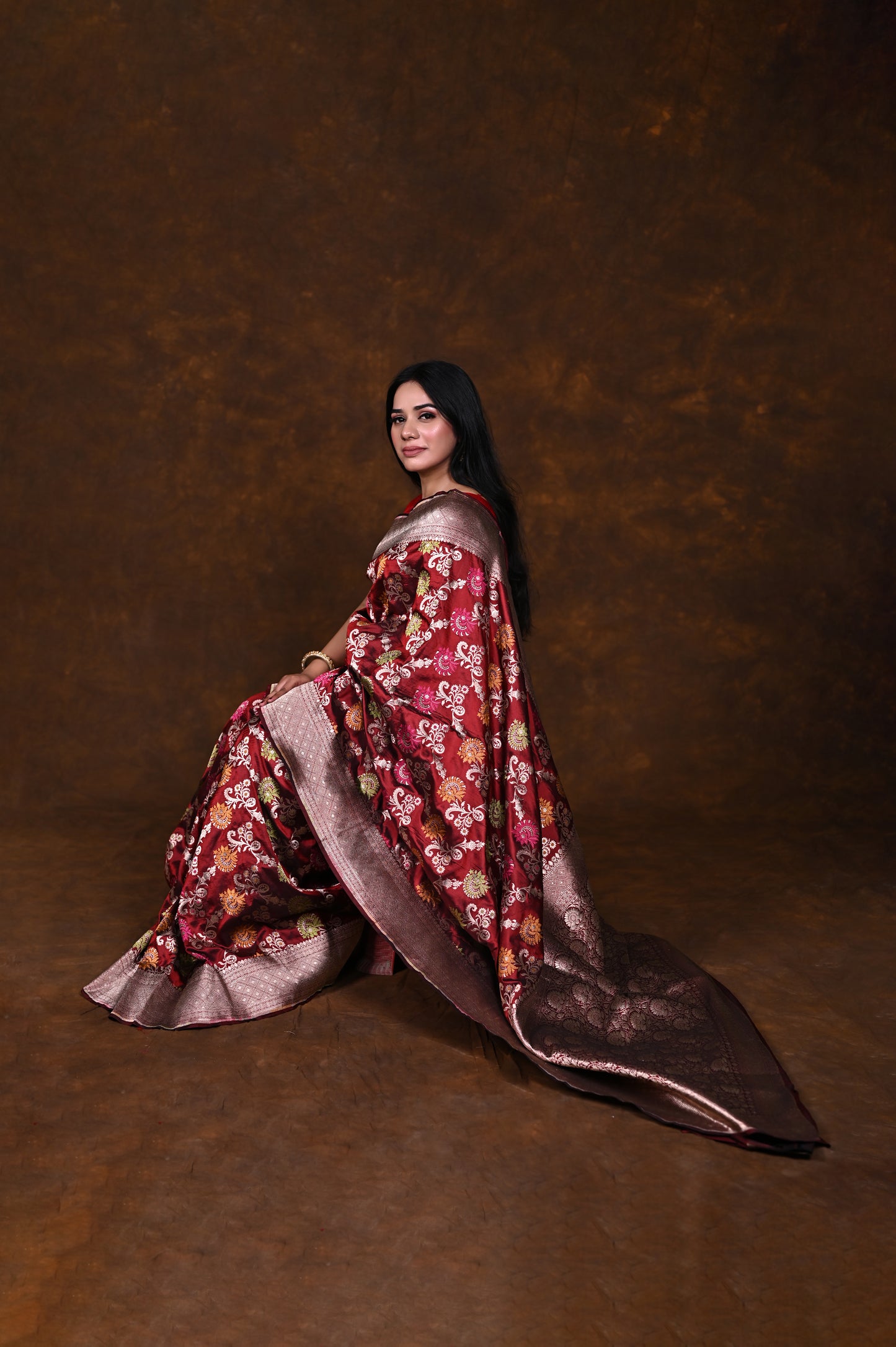 Maroon Handwoven Pure Katan Meenakari Banarasi Saree
