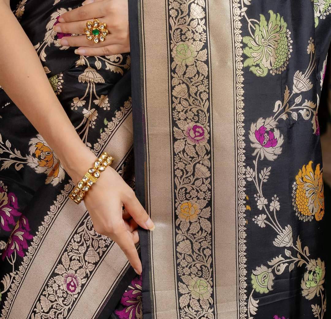 Black Handwoven Pure Katan Multi Meenakari Banarasi Saree