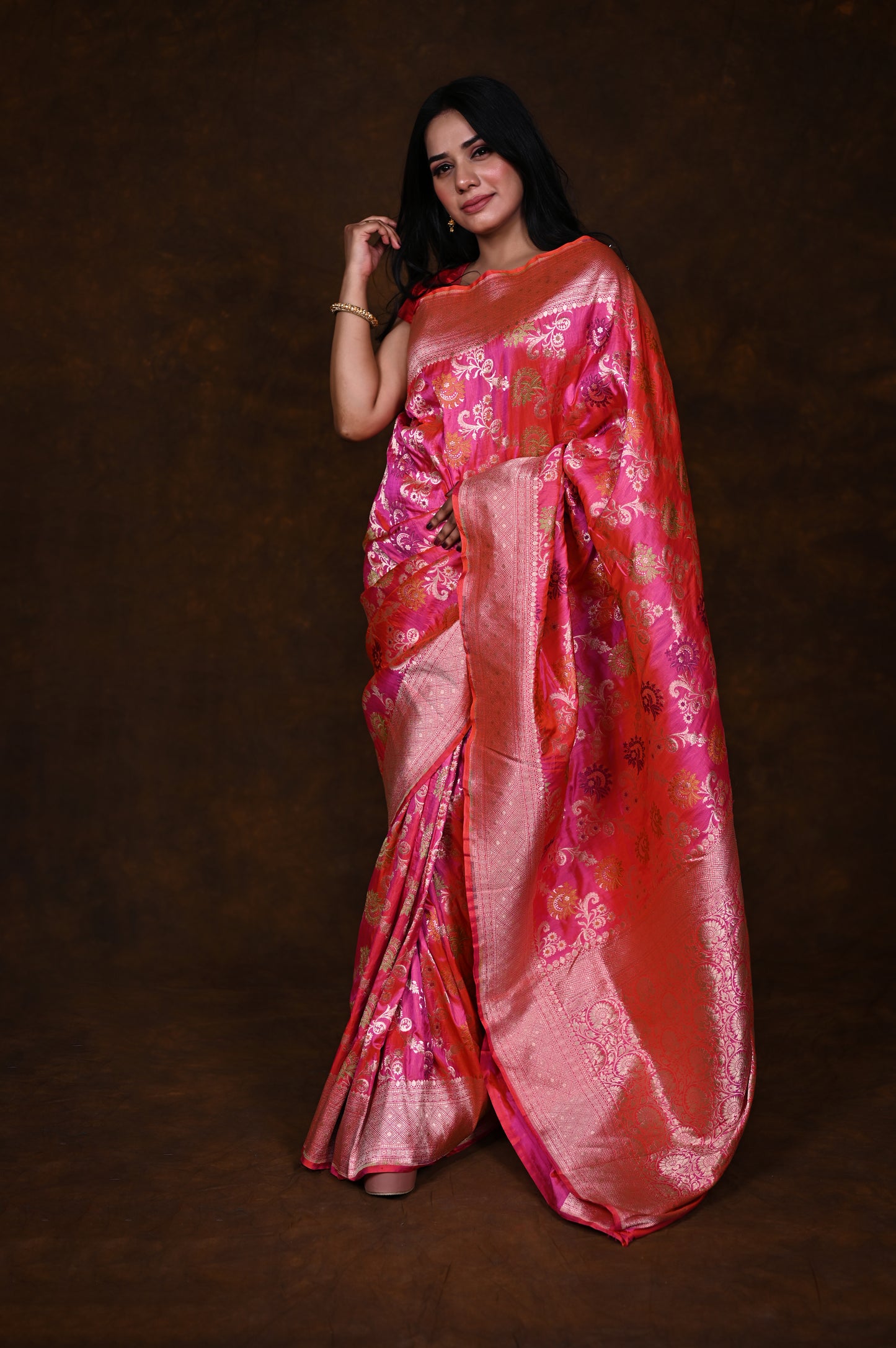 Shaded Pink Handwoven Pure Katan Meenakari Banarasi Saree