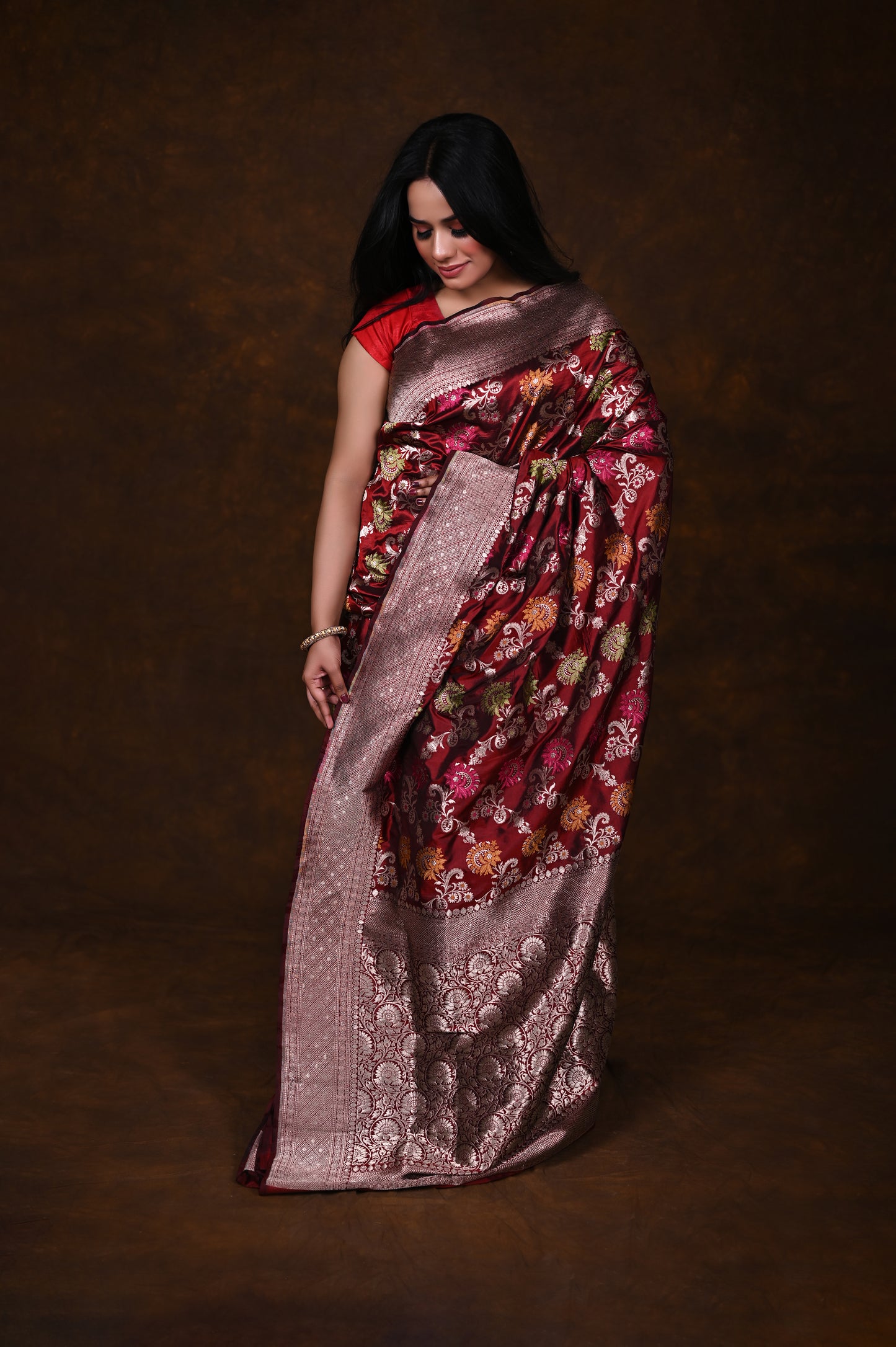 Maroon Handwoven Pure Katan Meenakari Banarasi Saree