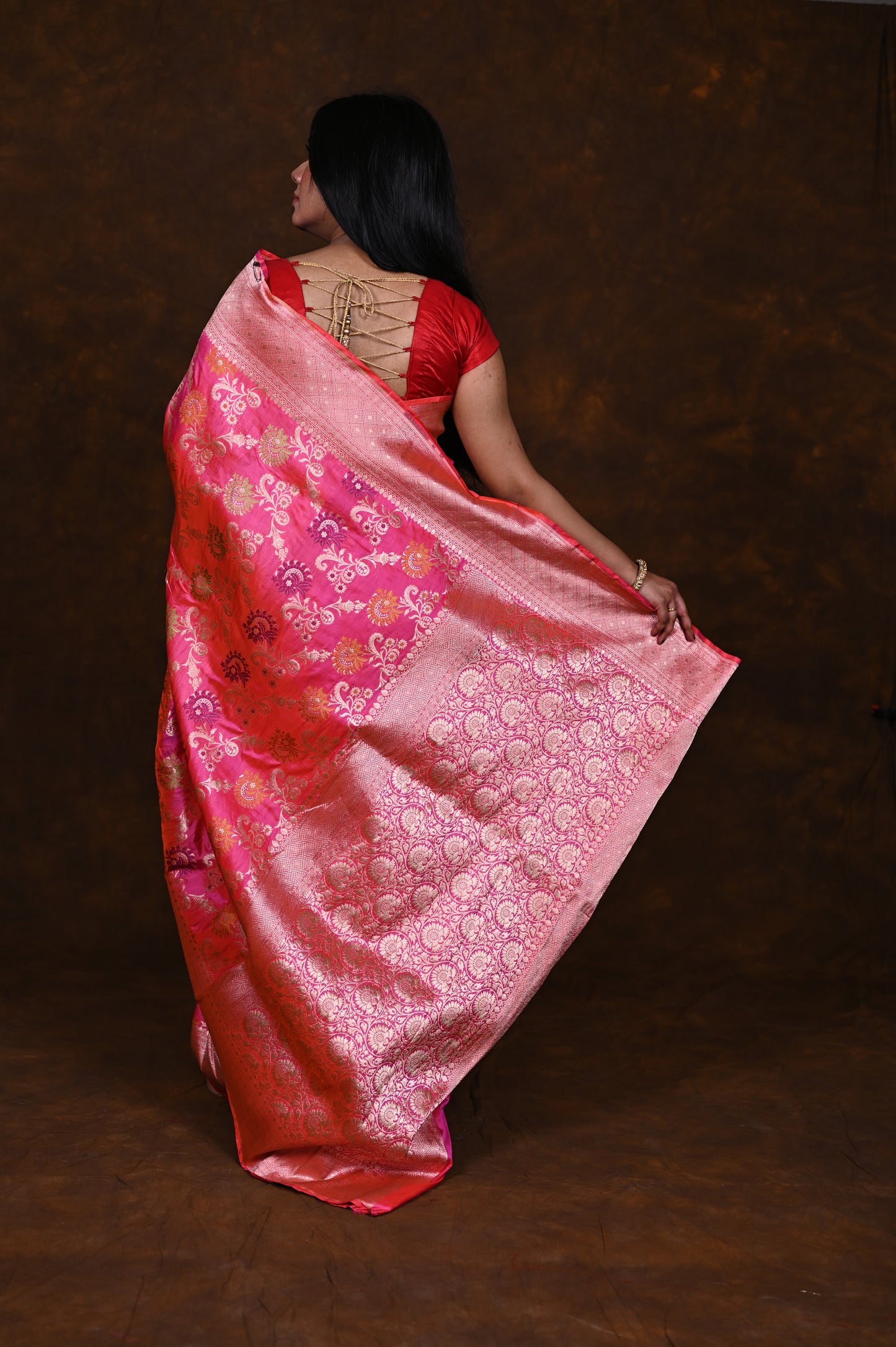 Shaded Pink Handwoven Pure Katan Meenakari Banarasi Saree