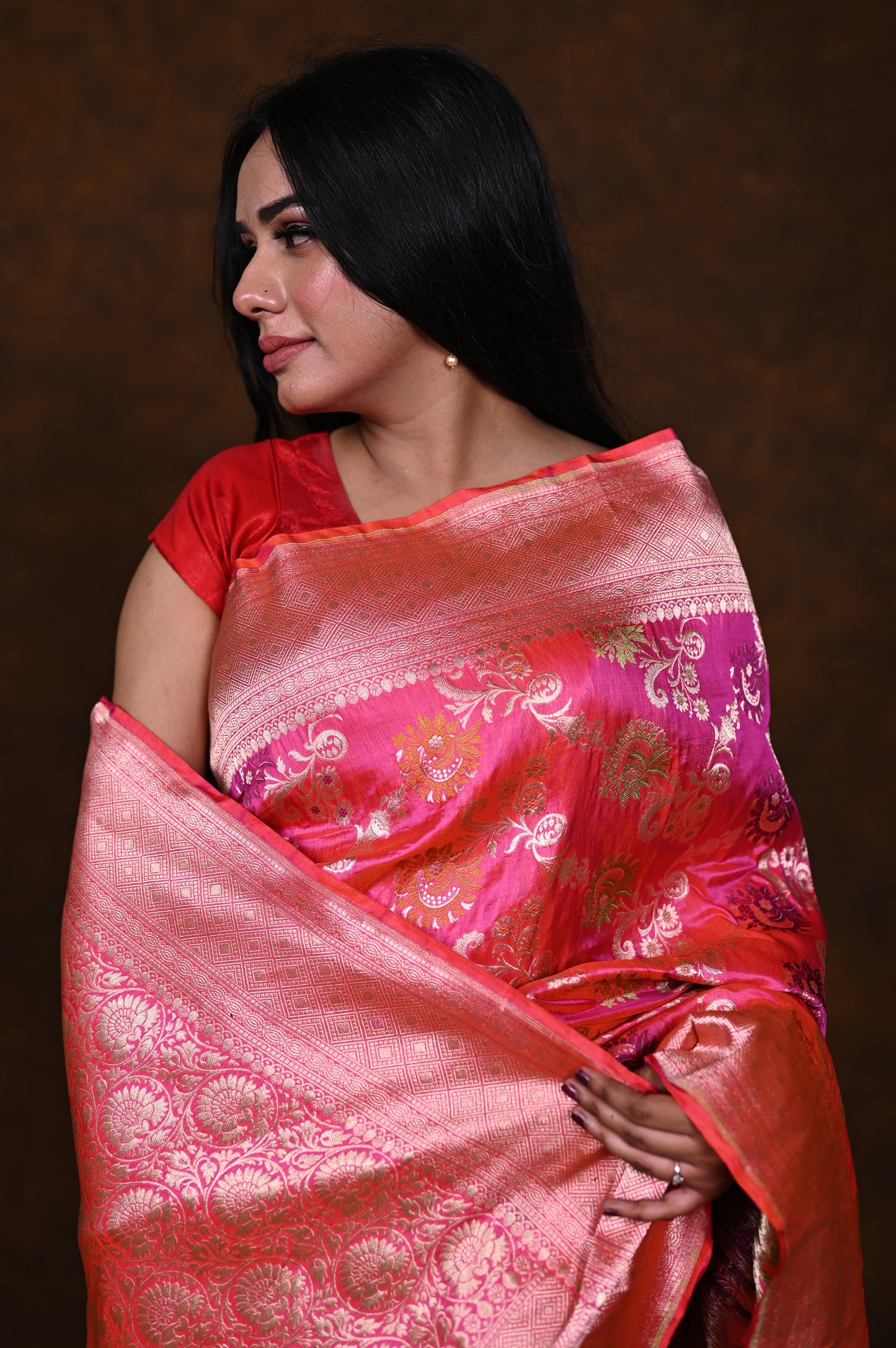 Shaded Pink Handwoven Pure Katan Meenakari Banarasi Saree