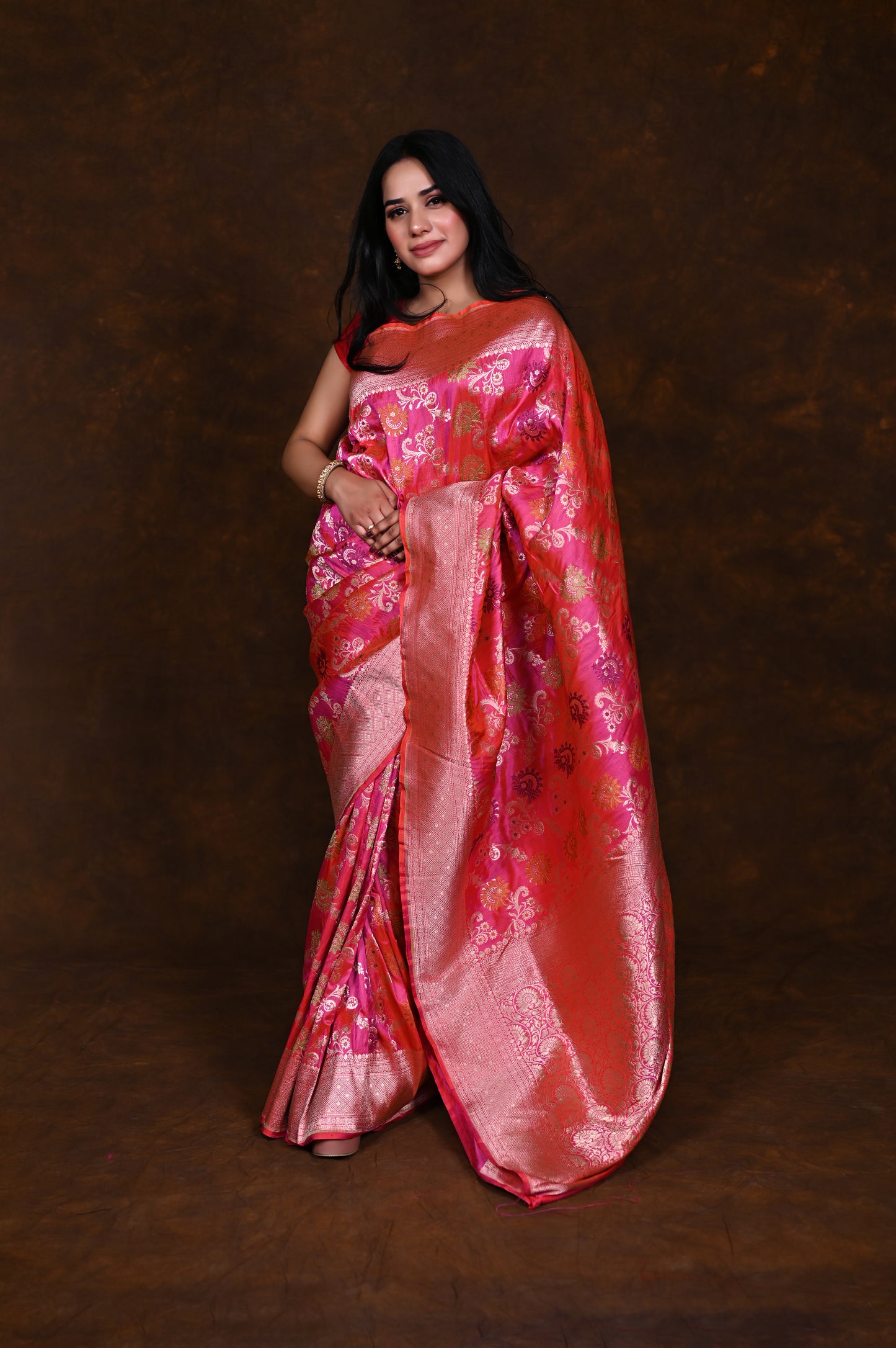 Shaded Pink Handwoven Pure Katan Meenakari Banarasi Saree