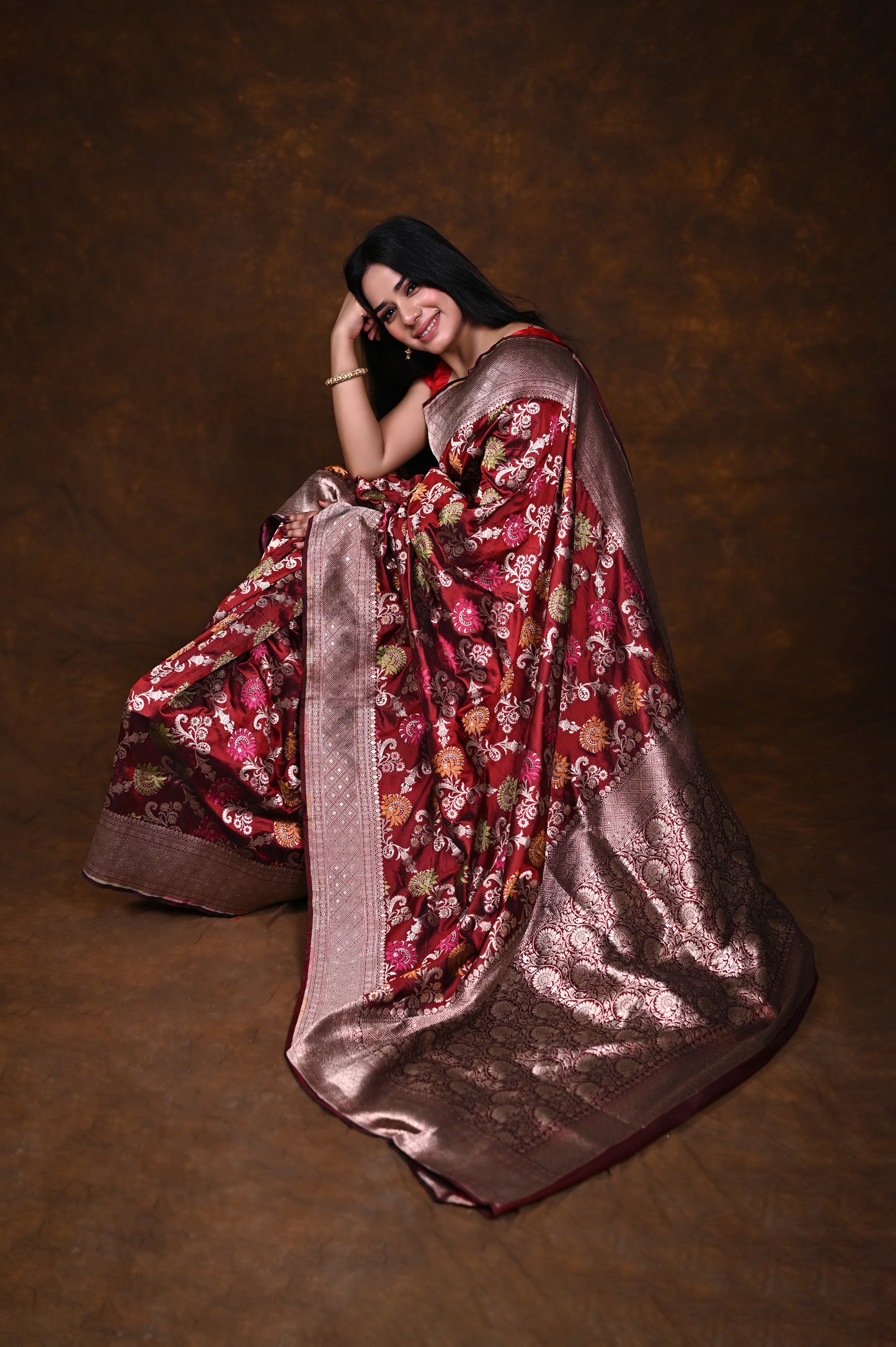 Maroon Handwoven Pure Katan Meenakari Banarasi Saree
