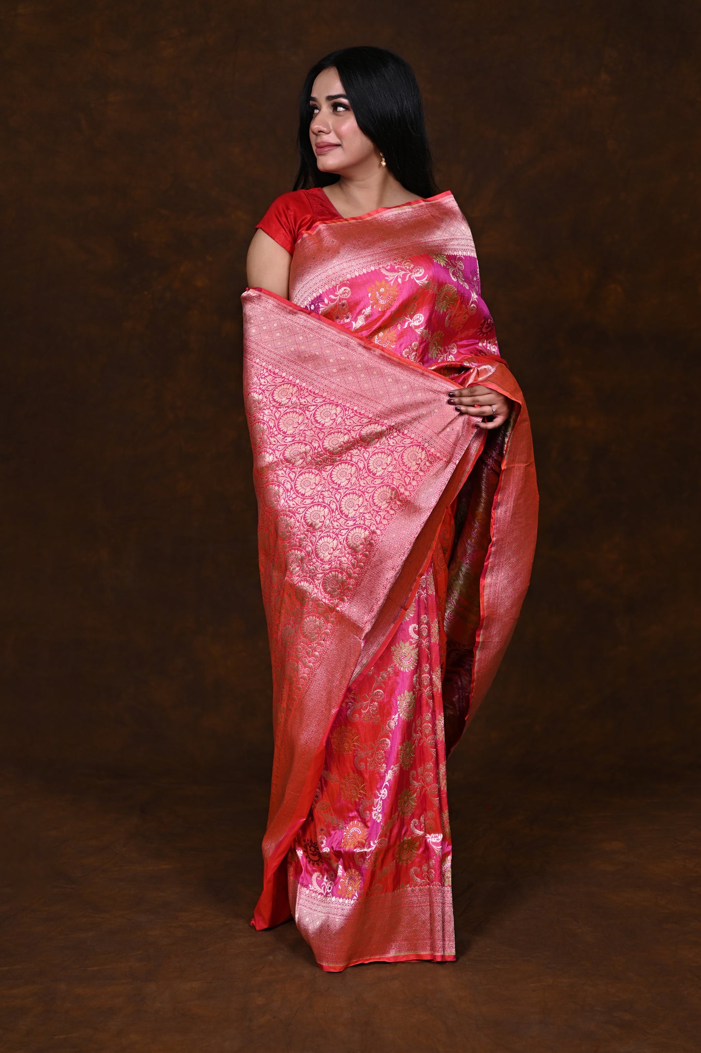 Shaded Pink Handwoven Pure Katan Meenakari Banarasi Saree