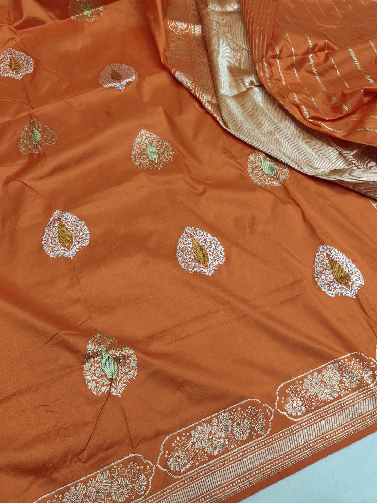 Orange Pure Banarasi Handwoven Kadhua Katan Silk Saree