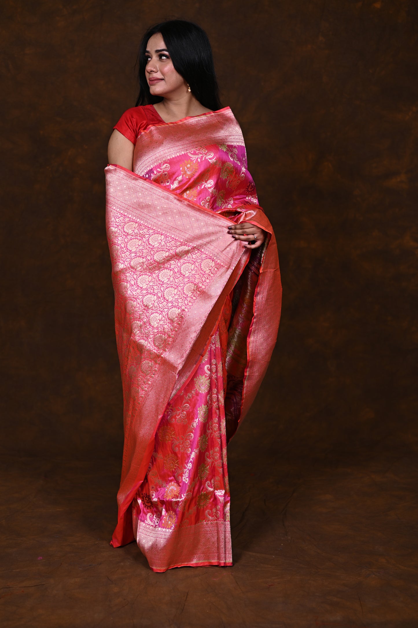 Shaded Pink Handwoven Pure Katan Meenakari Banarasi Saree