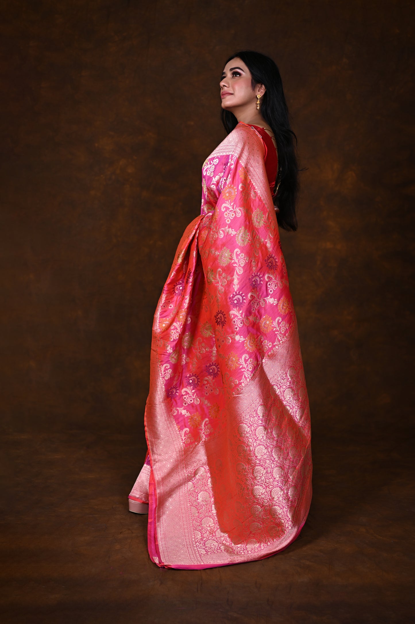 Shaded Pink Handwoven Pure Katan Meenakari Banarasi Saree