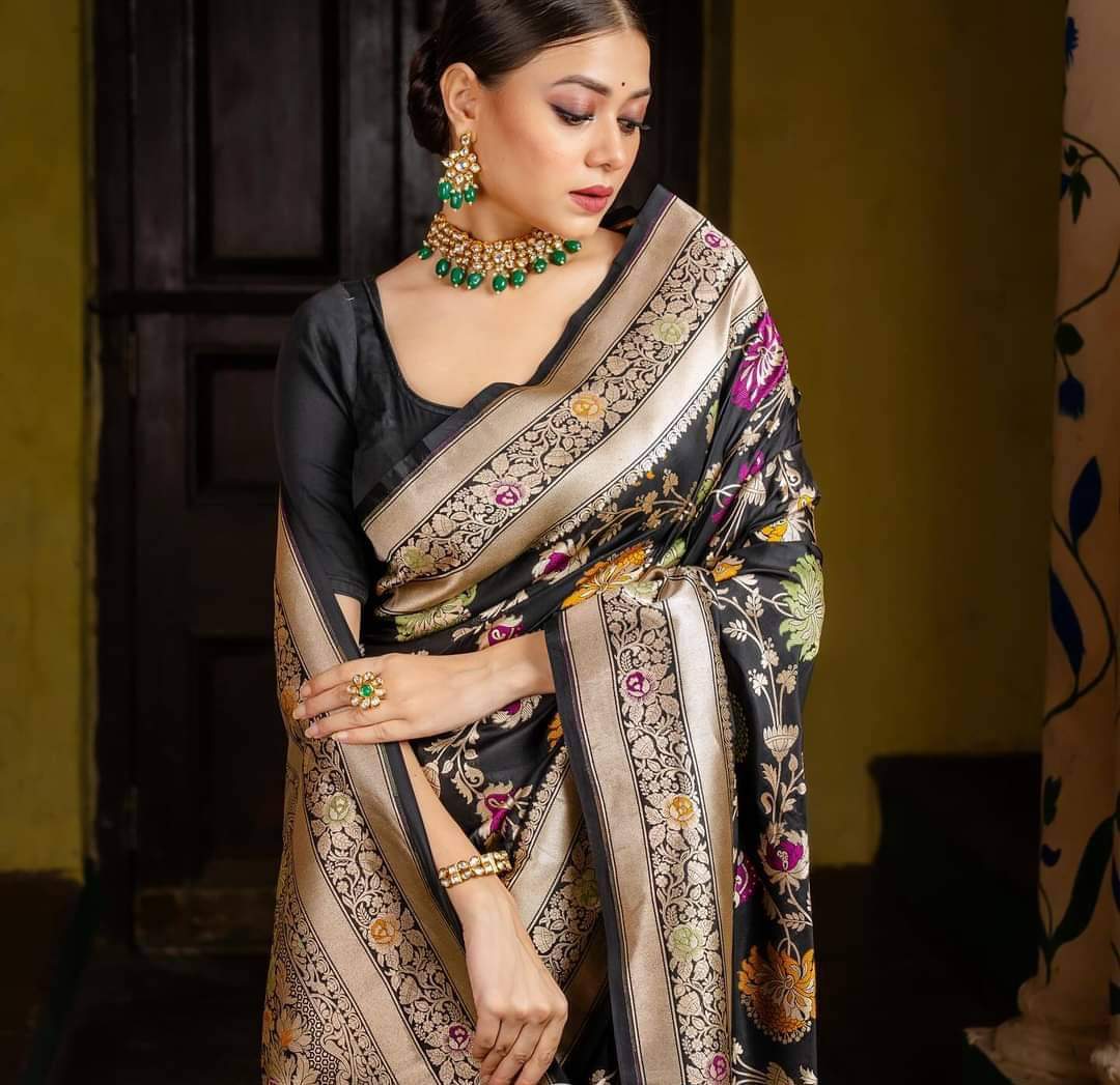 Black Handwoven Pure Katan Multi Meenakari Banarasi Saree