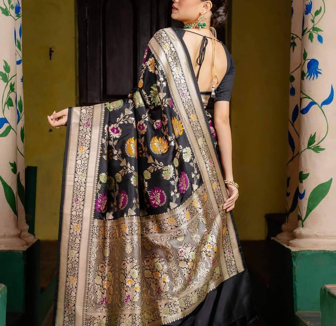 Black Handwoven Pure Katan Multi Meenakari Banarasi Saree
