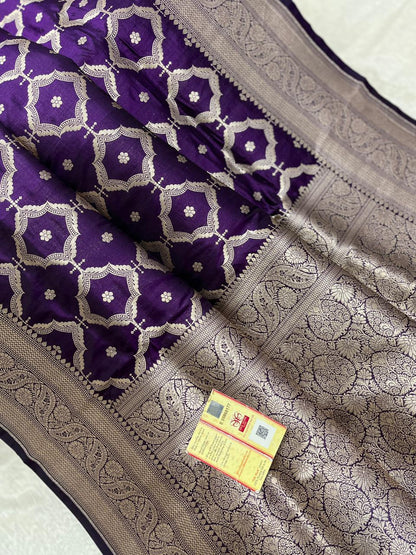 Pure Handloom Katan Cutwork Purple Banarasi Saree