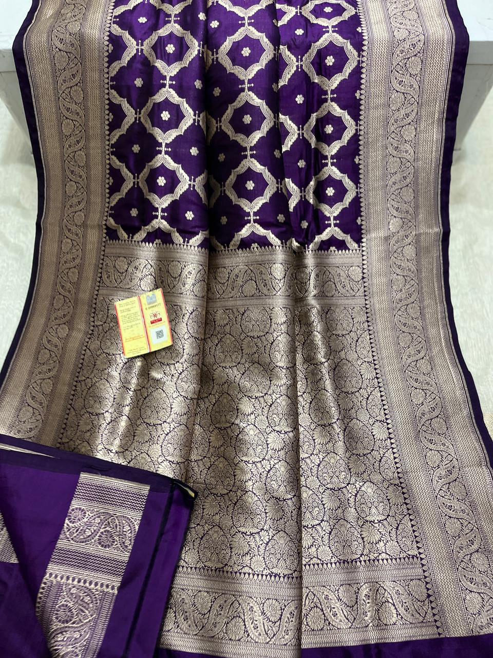 Pure Handloom Katan Cutwork Purple Banarasi Saree