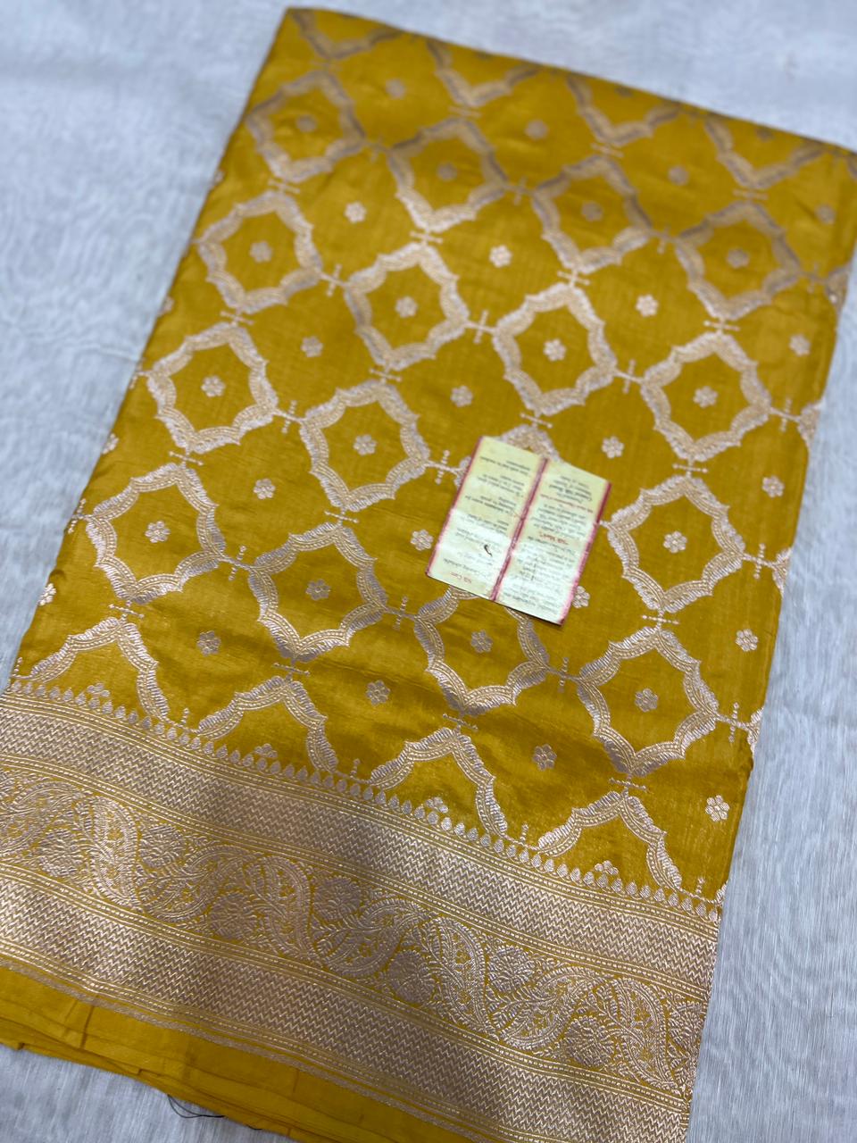 Pure Handloom Katan Cutwork Banarasi Mustard Yellow Saree