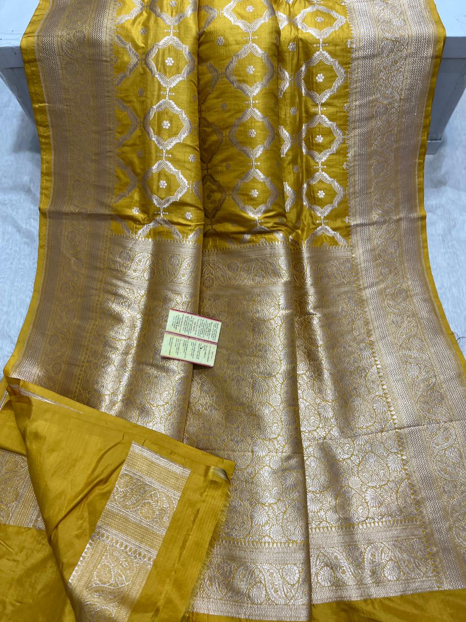 Pure Handloom Katan Cutwork Banarasi Mustard Yellow Saree