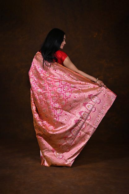 Dual Pink Handwoven Pure Katan Meenakari Banarasi Saree