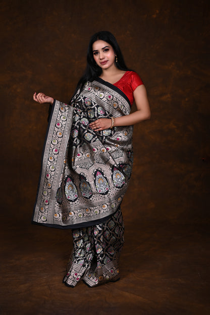 Black Handwoven Pure Katan Meenakari Banarasi Saree