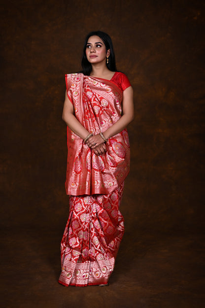 Red Handwoven Pure Katan Meenakari Banarasi Saree