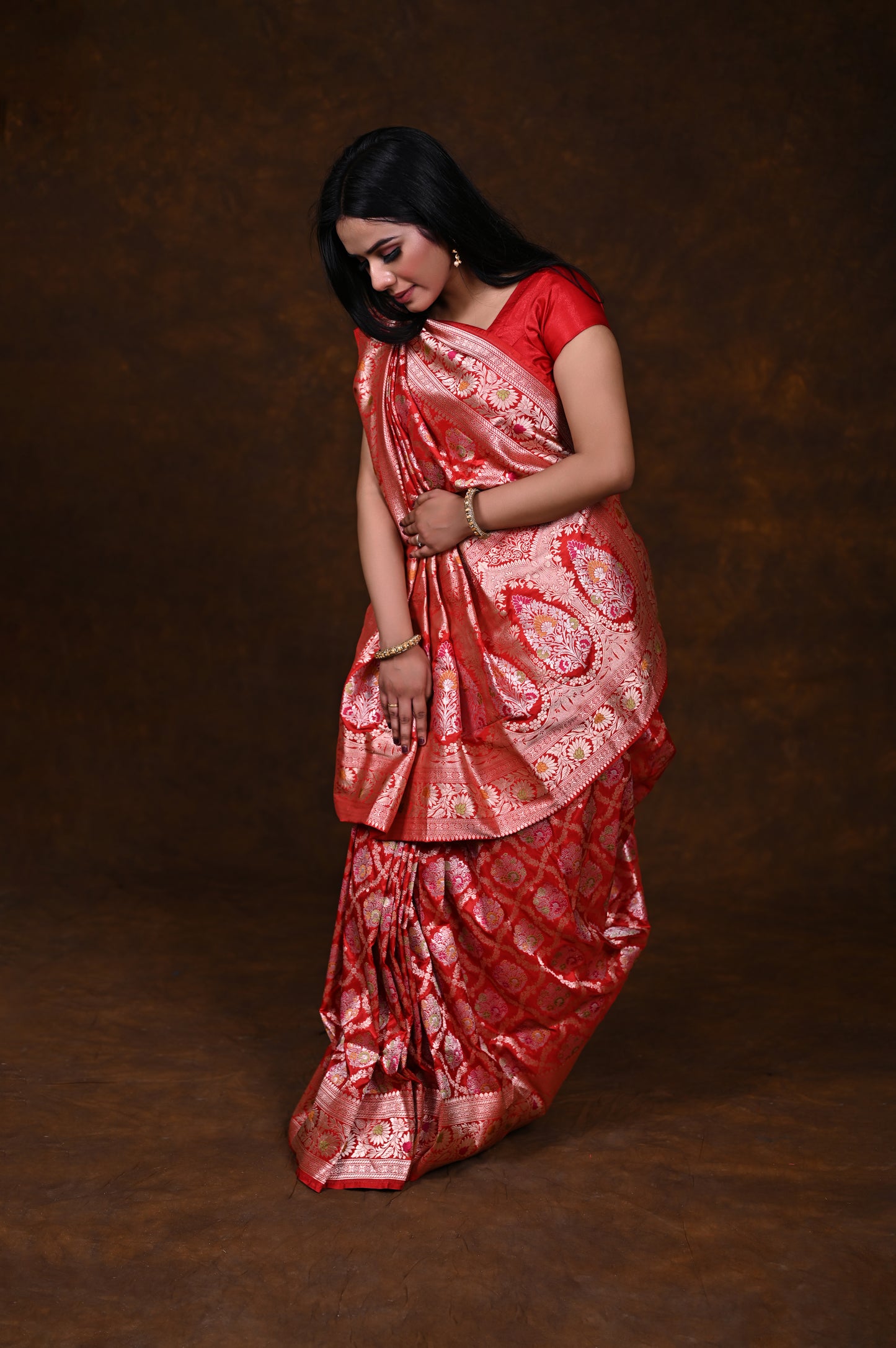 Red Handwoven Pure Katan Meenakari Banarasi Saree