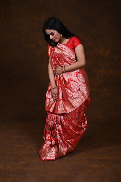 Red Handwoven Pure Katan Meenakari Banarasi Saree