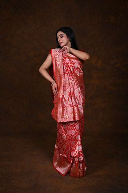 Red Handwoven Pure Katan Meenakari Banarasi Saree