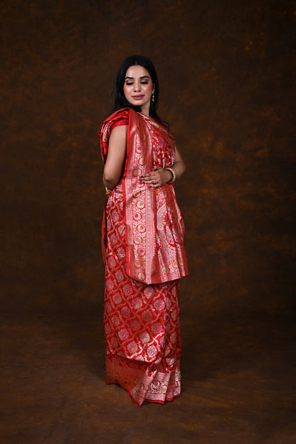 Red Handwoven Pure Katan Meenakari Banarasi Saree