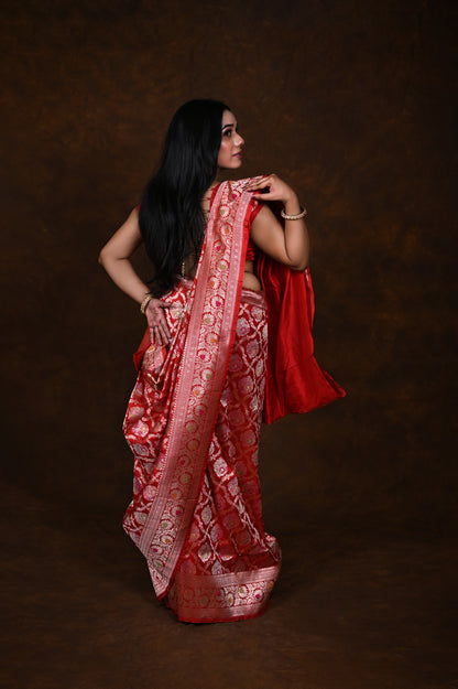 Red Handwoven Pure Katan Meenakari Banarasi Saree