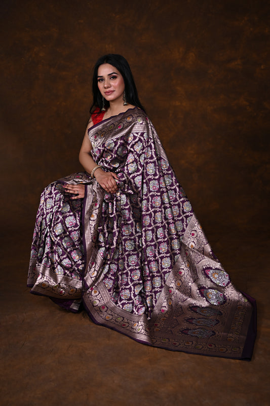 Purple Handwoven Pure Katan Meenakari Banarasi Saree