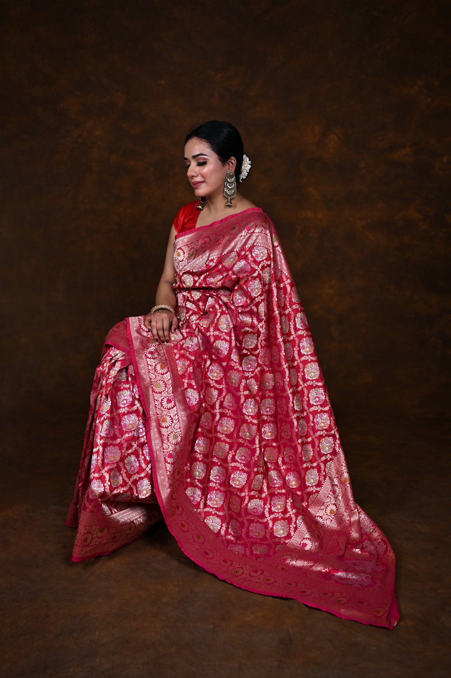 Dual Rani pink Handwoven Pure Katan Meenakari Banarasi Saree