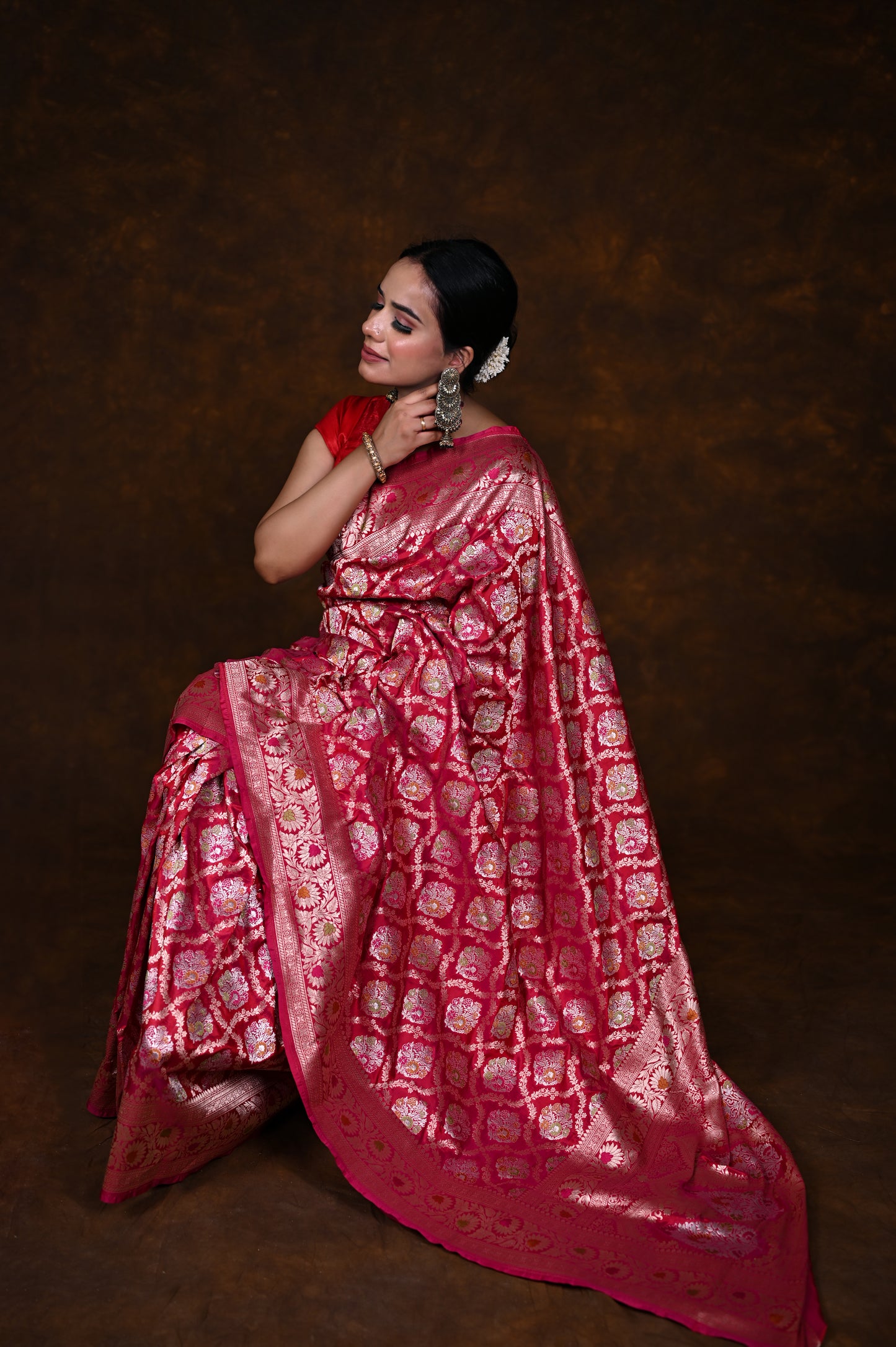 Dual Rani pink Handwoven Pure Katan Meenakari Banarasi Saree