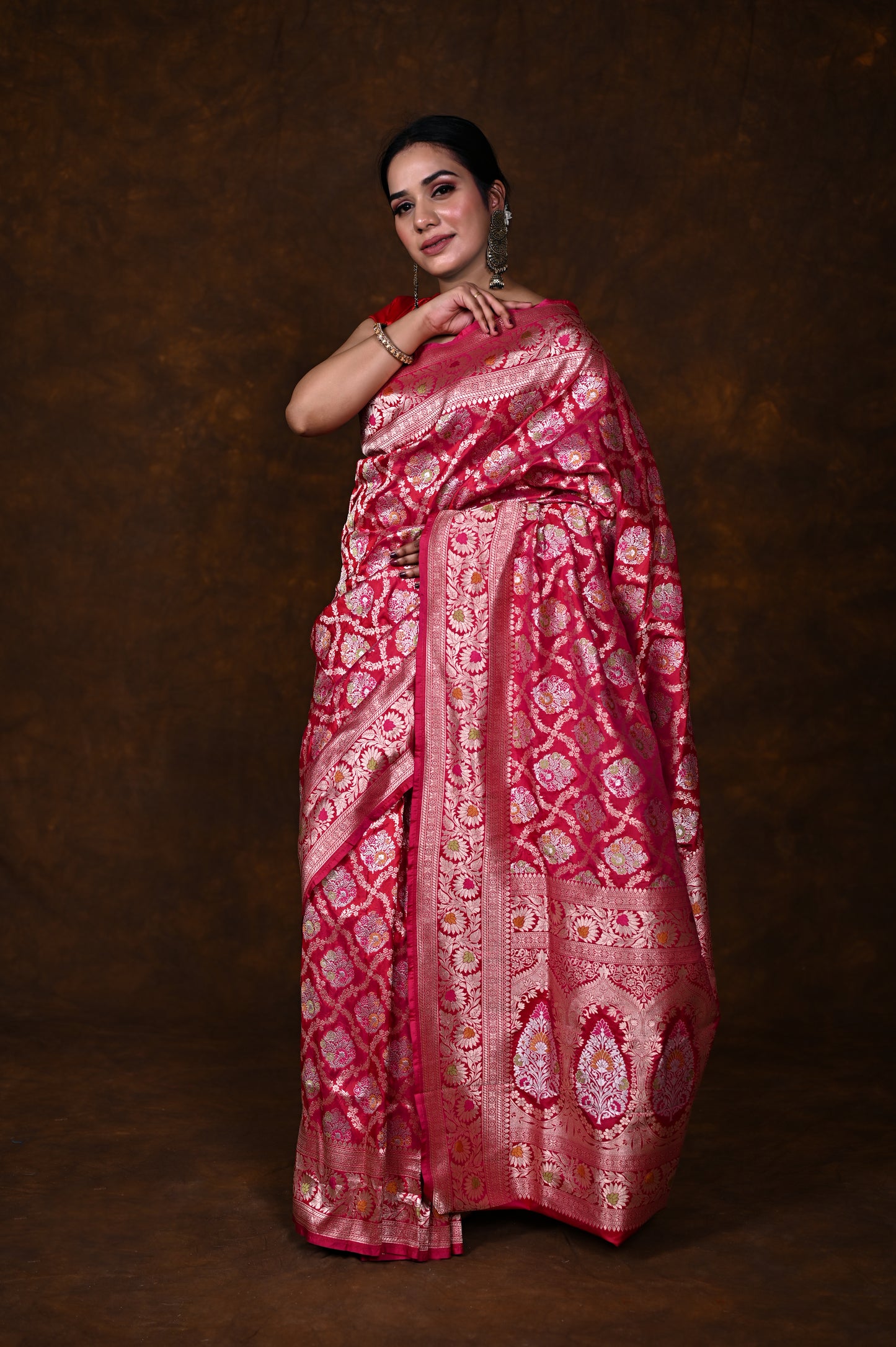 Dual Rani pink Handwoven Pure Katan Meenakari Banarasi Saree