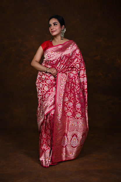 Dual Rani pink Handwoven Pure Katan Meenakari Banarasi Saree