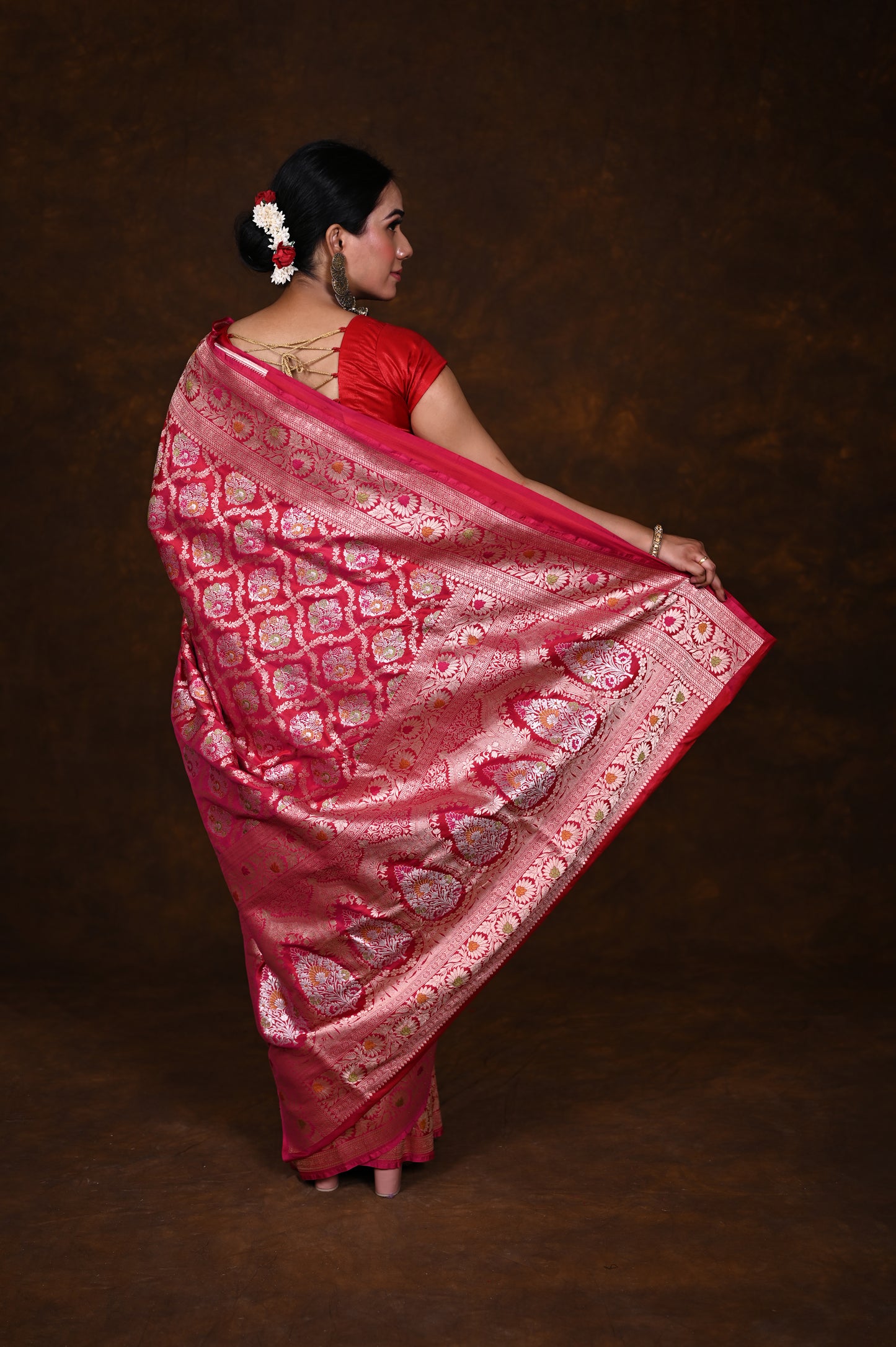 Dual Rani pink Handwoven Pure Katan Meenakari Banarasi Saree